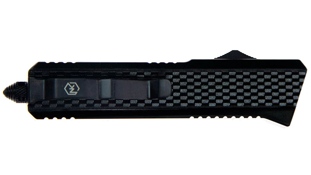 Versatile knife with black on black color scheme. The handle is a high-grade titanium plating with a black belt clip, black deployment switch, and glass break for safety.