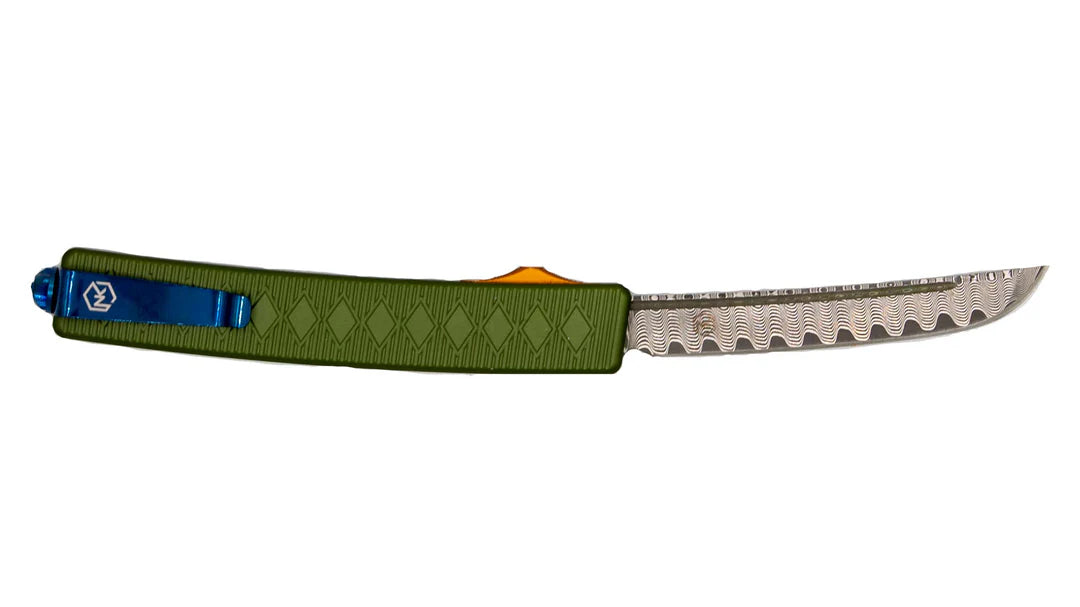 Shogun knife with stunning Damascus blade. Handle is beautifully patterned green aluminum with orange deployment switch, and blue tactical belt clip.