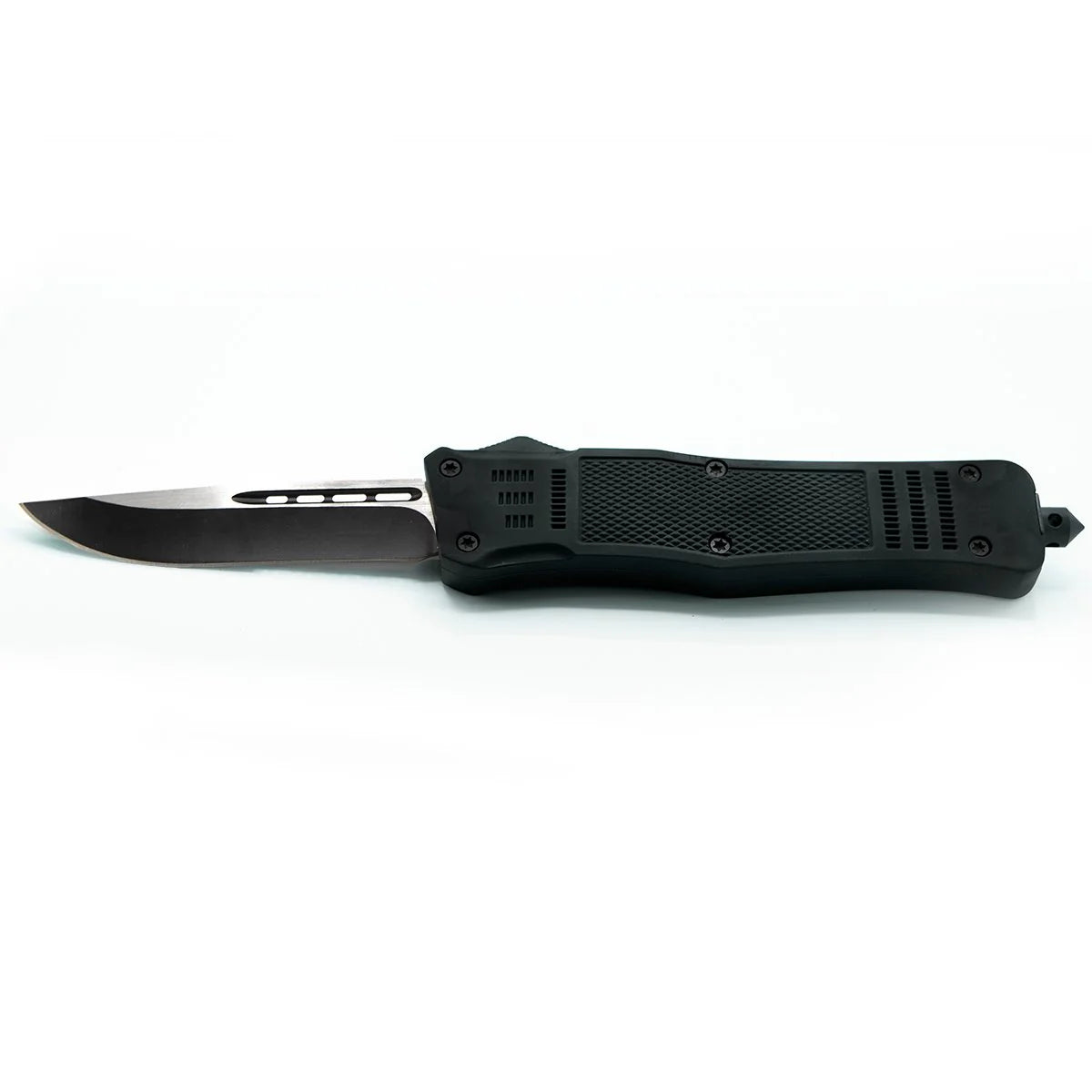 Black OTF 440C spear point knife with black TPR handle and glass break on a white background