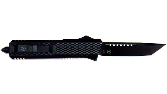 Versatile knife with black on black color scheme. The blade comes standard in a titanium plated Non-Serrated, D2 Steel, Solid Black Tonto Style. The handle is a high-grade titanium plating. There is a belt clip for ease of carry as well as glass break for safety. This knife also comes with a black nylon belt-loop sheath.