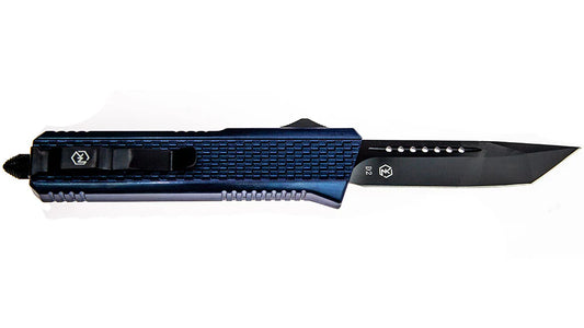 Blue on black OTF knife with Tonto style blade. Belt clip for convenience and emergency glass break for safety.