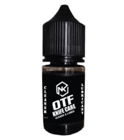 Black bottle of Normandy Knives OTF Knife Care cleaner and lubricant on a white background