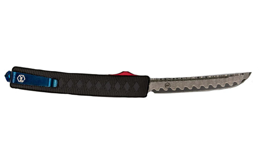 Shogun knife with stunning Damascus blade. Handle is beautifully patterned black aluminum with red deployment switch, and blue tactical belt clip.
