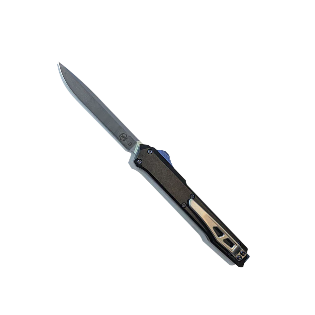 Out-the-front knife with a steel drop-point blade and black handle with blue deployment switch and silver belt clip on a white background.