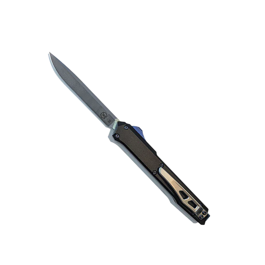 Out-the-front knife with a steel drop-point blade and black handle with blue deployment switch and silver belt clip on a white background.