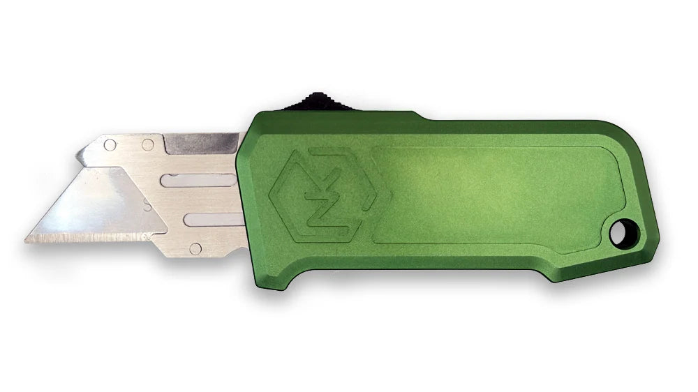Box cutter with interchangeable razor blade shown with aluminum handle in olive green.