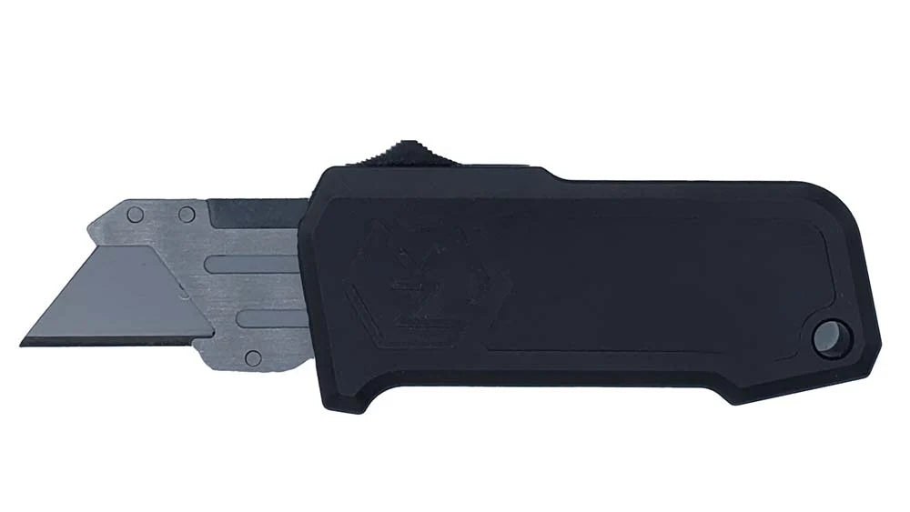 Box cutter with interchangeable blade shown with aluminum handle in black.