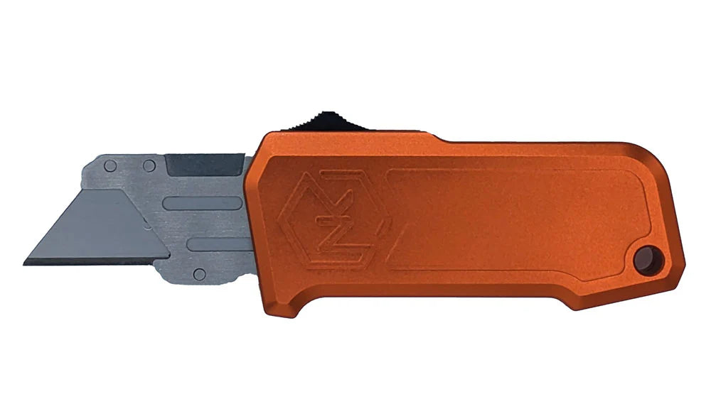 Box cutter with interchangeable blade shown with aluminum handle in orange.