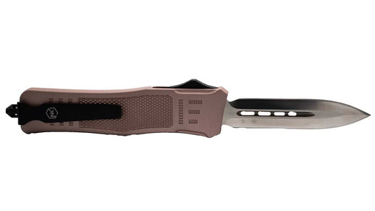 Rose Gold OTF non-serrated knife with belt clip and emergency glass break.
